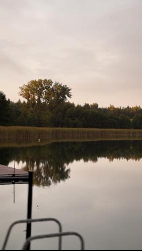 a view of a lake with trees in the background at Głuszyńska Przystań in Stawiska