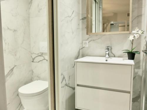 a white bathroom with a toilet and a sink at Les Petits Volets Appartements in Antibes