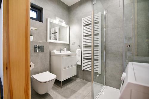 a bathroom with a toilet and a sink and a shower at Lipowy Zakątek - domki blisko Energylandii i stacji PKP w Zatorze in Zator