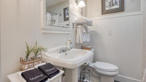a white bathroom with a sink and a toilet at Luxury Wine Country Haven Vineyard Views Near Top Wineries Adelaida Farmhouse in Paso Robles
