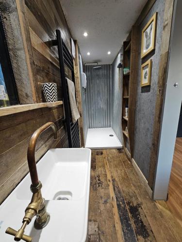 a bathroom with a sink and a shower at Upper Winstone Pond Lodge in Isle of Wight