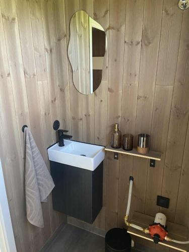 a bathroom with a sink and a mirror at Gjeterhytta in Stavanger