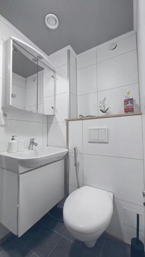a white bathroom with a toilet and a sink at Lumi & Luonto - Private rooms in a 100 sqm 3-BR house with shared common areas in Oulu