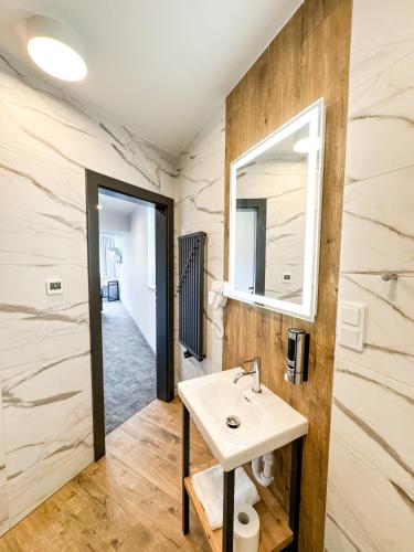a bathroom with a sink and a mirror at Anmago Apartamenty & SPA in Krynica Zdrój