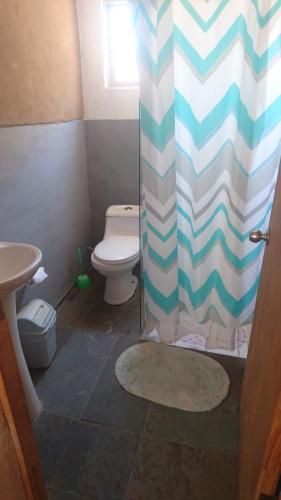 a bathroom with a toilet and a shower curtain at Hermosa cabaña 4 personas - Cochiguaz -Valle de Elqui in Monte Grande