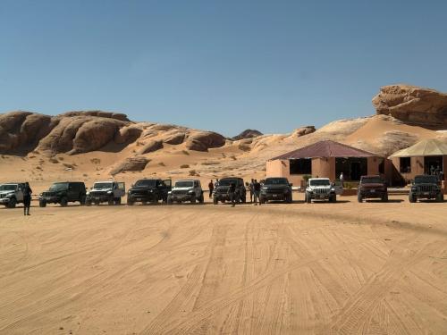 eine Gruppe von Autos, die in der Wüste geparkt sind in der Unterkunft Rum Royal Dunes Camp & tour in Wadi Rum