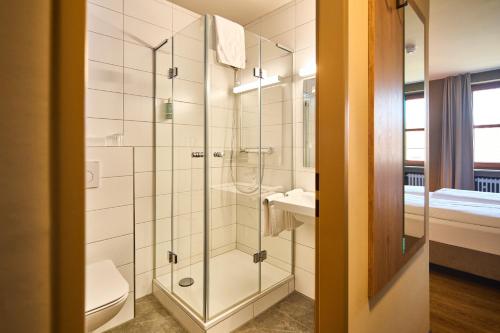 a bathroom with a shower and a toilet at Hotel Berghof in Petersberg