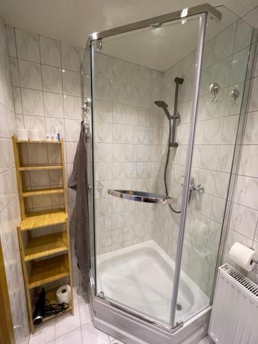 a shower with a glass door in a bathroom at FeWo Wrist in Wrist