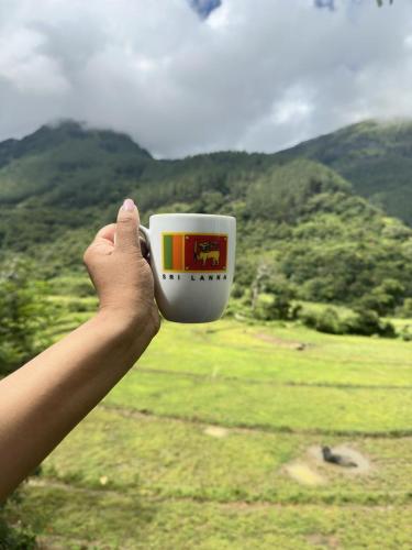 マータレーにあるThe Portal Manigalaの山とコーヒーカップを持つ手