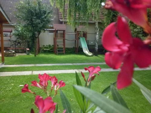 a green yard with a playground and pink flowers at Napsugár Vendégház in Kiskőrös