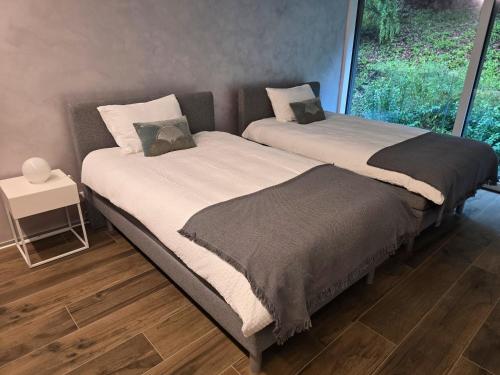 two beds sitting next to each other in a bedroom at Residenza Panoramic in Brione sopra Minusio