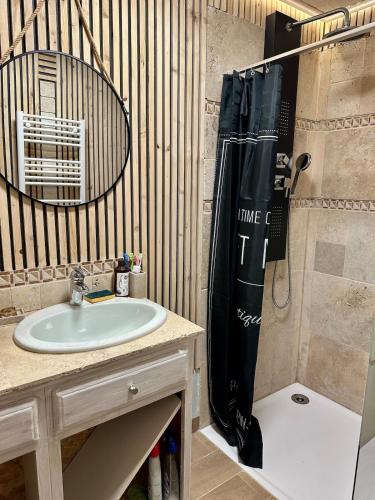 a bathroom with a sink and a shower at Maison style chalet in Montfroc