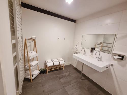 マーストリヒトにあるSaillant Hotel Maastricht City Centre - Auping Hotel Partnerの洗面台と鏡のある白いバスルーム