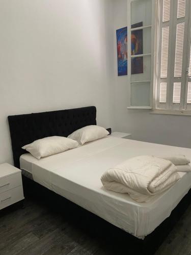 チュニスにあるLafayette Central Apartmentの白いシーツと枕が備わったベッドのある寝室