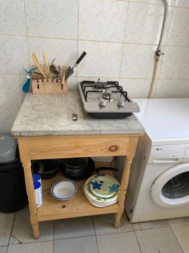 チュニスにあるLafayette Central Apartmentの洗濯機の隣のカウンターの上に置かれたコンロ
