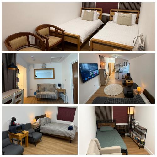 a collage of three pictures of a hotel room at Modern East London Apartment with Private Studio & Guest Rooms-Near Bow, Victoria Park in London