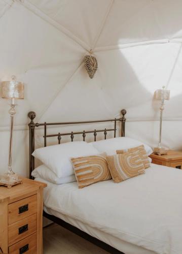 a bedroom with a white bed with two pillows on it at Star Gazing Dome 1 with cozy log burner in Horspath