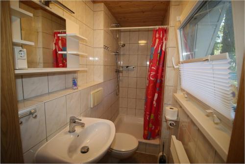 a bathroom with a sink and a toilet and a shower at Bungalow SONNE UND MEER direkt am Strand in Dranske