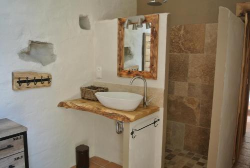 une salle de bain avec un lavabo et un miroir dans l'établissement Le Mas Neuf des Greses, à Canaules-et-Argentières