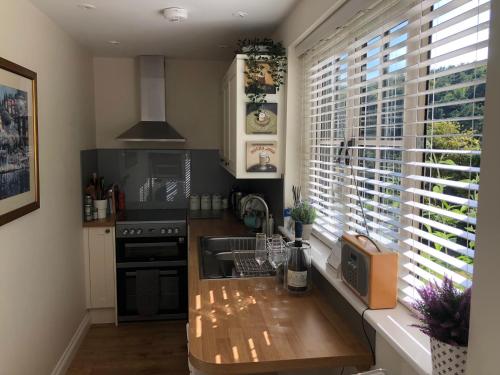 a kitchen with a counter and a sink and a window at The Nest Danehill in Haywards Heath