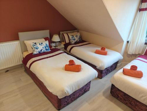 a room with three beds with orange handles on them at The Jays Guest House in Aberdeen