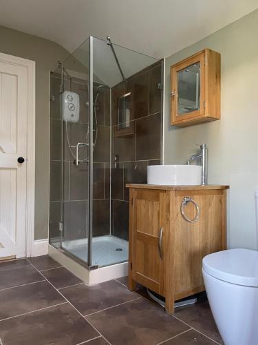 a bathroom with a shower with a sink and a toilet at The Old Piggery - tranquil garden guest cottage in Hail Weston
