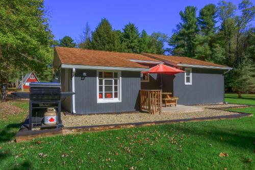 a small grey house with a grill and a table at Pet Friendly Wi-fi Firepit Tv in Marienville