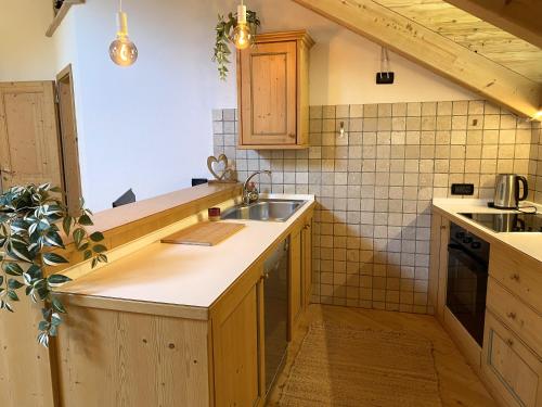 a kitchen with wooden cabinets and a sink at Mansarda Ai Tigli in Castello di Fiemme