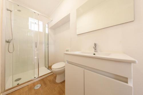 a bathroom with a toilet and a sink and a shower at Quinta da Ponte in Odiáxere