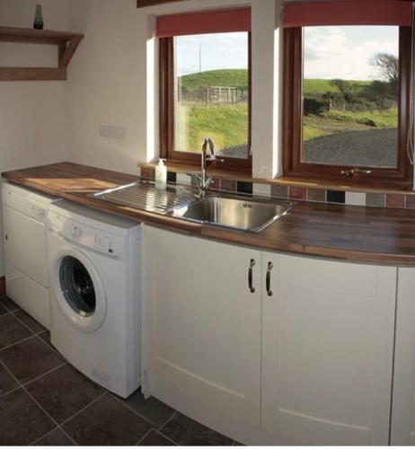 a kitchen with a sink and a washing machine at Laggansally Lodge in Leswalt