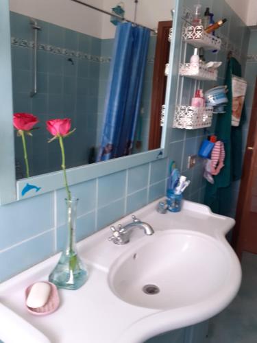 a bathroom sink with a vase with a rose in it at Room country-lake in Dormelletto