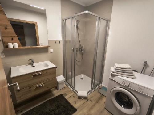 a bathroom with a shower and a washing machine at Appartement Seeleben in Bodensdorf