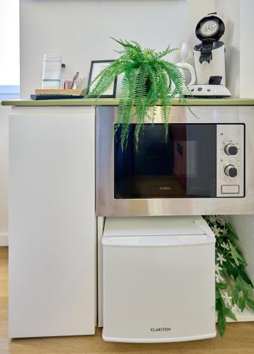 a microwave sitting on top of a white cabinet at Le Petit Cocon, Hotel Style Ideal for Professionals or Couples in Nevers