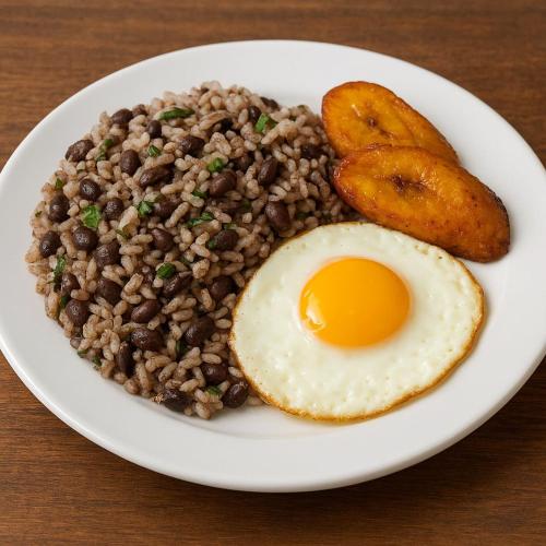een bord eten met bonen, een ei en een frietje bij Casona de Pani habitacion#2 in Liberia