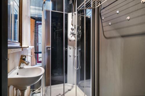 a bathroom with a sink and a glass shower at Voorstraat Dordrecht in Dordrecht