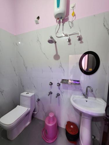 un bagno con lavandino, WC e specchio di Saha Guest House & Restaurant a Krishnanagar