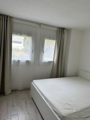 a white bedroom with a bed and two windows at Snow Sky in Passo del Tonale