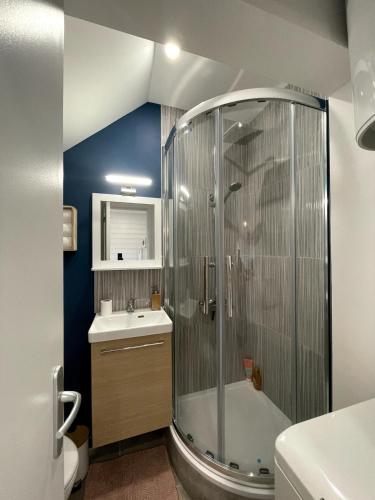 a bathroom with a shower and a sink at L'Escale, Studio cosy 15m2 avec vue mer, idéal couple - Ault in Ault