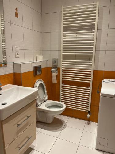 a bathroom with a toilet and a sink at Fine Restaurant & Apartments in Malacky