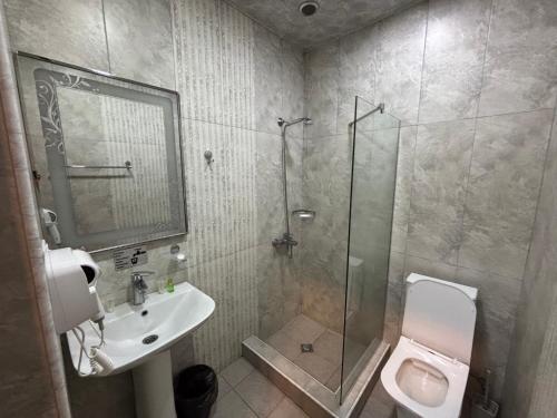 a bathroom with a shower and a toilet and a sink at TIGRAN Hotel by Black & Gold in Goris