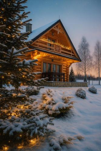 a log cabin in the snow with a christmas tree at Wioska Jasia i Małgosi in Izdebnik