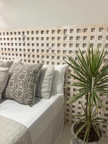 a white couch with pillows and a potted plant at Pousada Estrela do Norte in Pipa