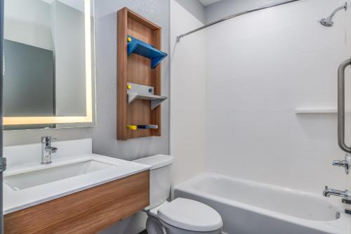 a bathroom with a sink and a toilet and a mirror at Microtel Inn and Suites Montgomery in Montgomery