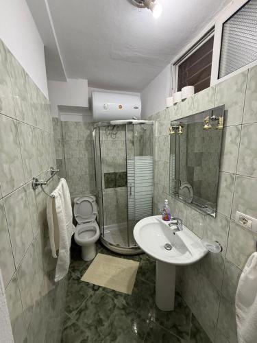 a bathroom with a toilet and a sink and a shower at Tirana center view in Tirana