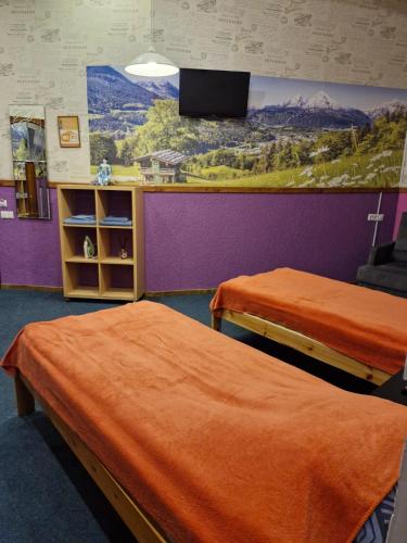 a room with two beds and a tv on the wall at Hotel Erfolg in Daugavpils