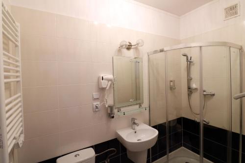a bathroom with a toilet and a sink and a shower at Pokoje Gościnne Anna Airport Modlin in Nowy Dwór Mazowiecki