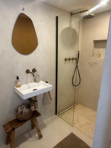 a bathroom with a sink and a shower at Studio Cabana Oegstgeest in Oegstgeest