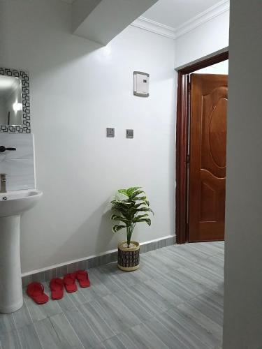 a bathroom with a plant and red shoes on the floor at Qara Homes One Bedroom, Juja in Juja