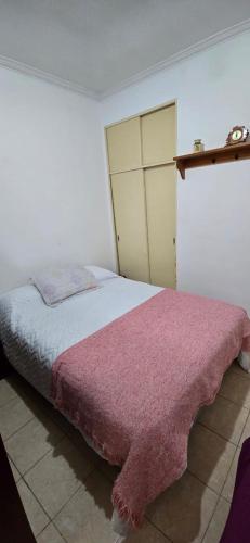 Un dormitorio con una manta rosa en una cama en Departamento Colón a 2 cuadras de la costa, en Mar del Plata
