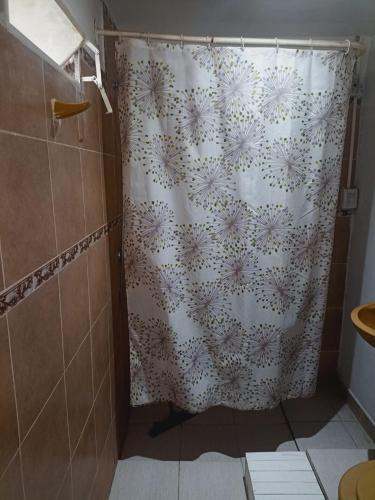 a shower with a shower curtain in a bathroom at gebalojamientos in San Fernando del Valle de Catamarca